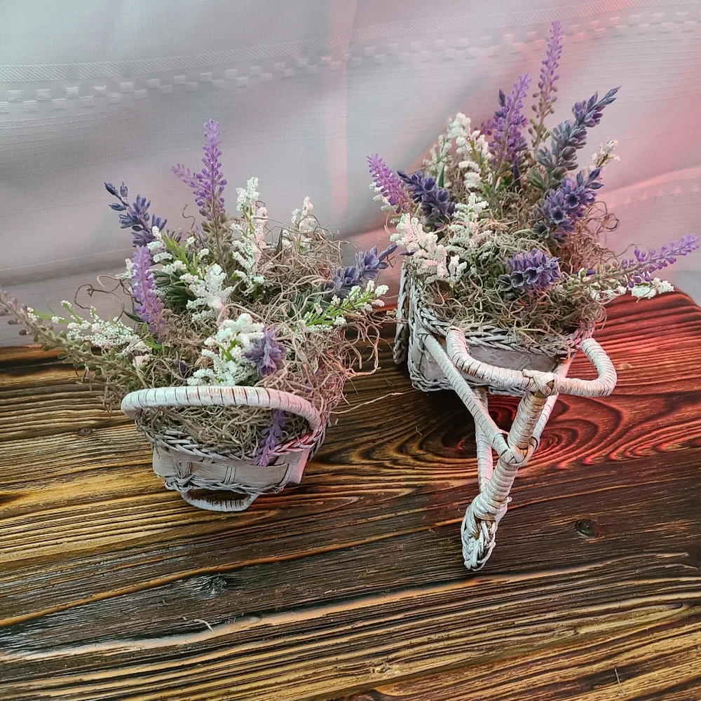 Set of Two Cottagecore Wicker Planters with Lavendar Flowers